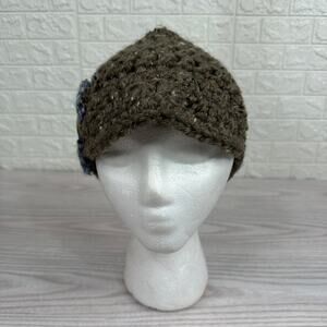 Crochet Knit Cloche Hat Brown Blue Flower Button Handmade Artisan Cottagecore